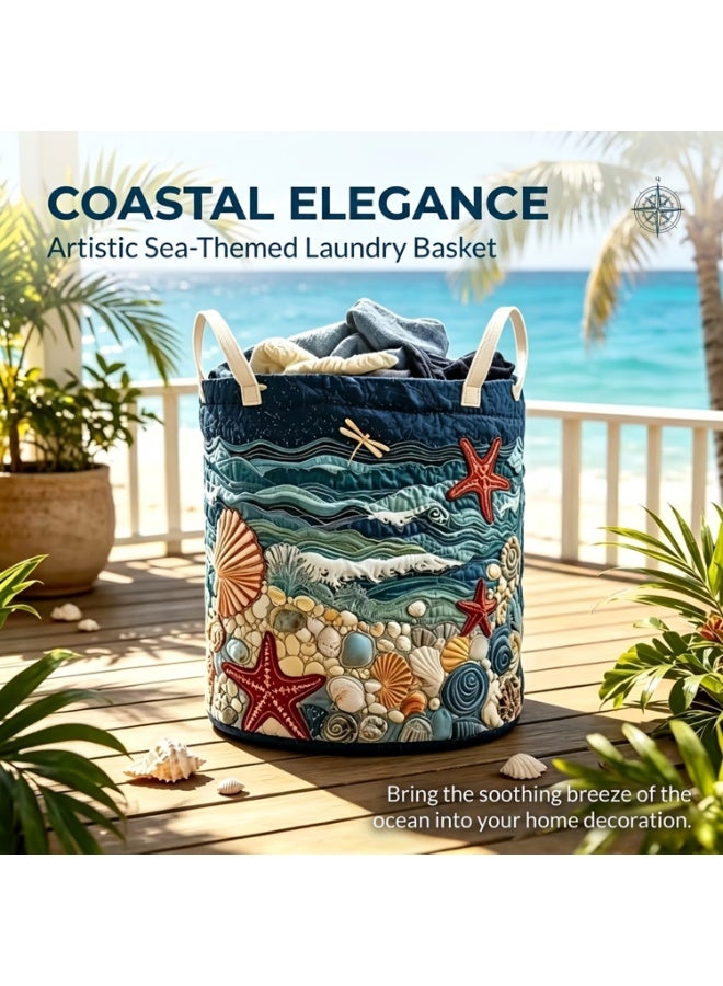 This Quilted Beach-Style Laundry Basket Features A Starfish And Seashell Pattern And Is Designed With Convenient Handles. Ideal For The Bathroom, It Serves As A Storage Bin For Dirty Laundry While Evoking The Atmosphere Of Ocean Waves. - Image 5
