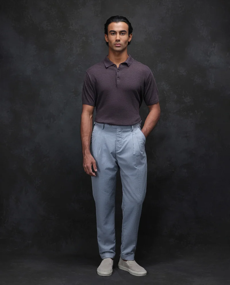 Rare Rabbit Rare Rabbit Men Rhesa Light Blue Linen Blend Pleated Button Closure Relaxed Fit Plain Trouser