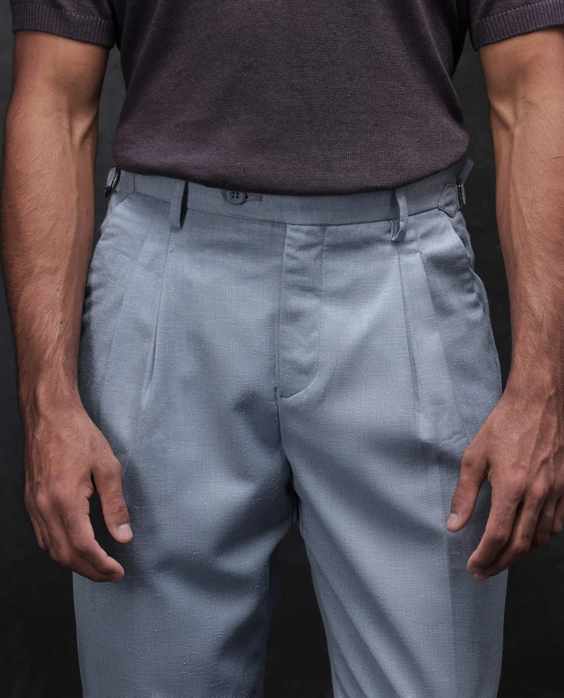 Rare Rabbit Rare Rabbit Men Rhesa Light Blue Linen Blend Pleated Button Closure Relaxed Fit Plain Trouser