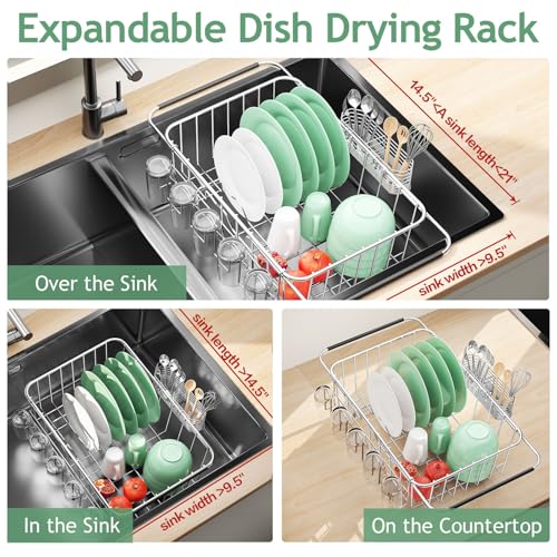 Fanbsy Small Dish Drying Rack in Sink, Extendable Stainless Steel Dish Drainers for Kitchen Counter, Anti-Rust Dish Dryer Rack with Utensil & Cup Holders, for Inside Sink, Over The Sink(for 1-2 People) - Image 3