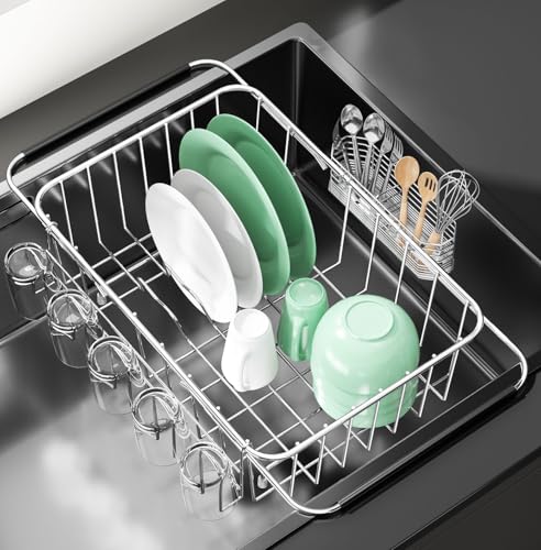 Fanbsy Small Dish Drying Rack in Sink, Extendable Stainless Steel Dish Drainers for Kitchen Counter, Anti-Rust Dish Dryer Rack with Utensil & Cup Holders, for Inside Sink, Over The Sink(for 1-2 People) - Image 1