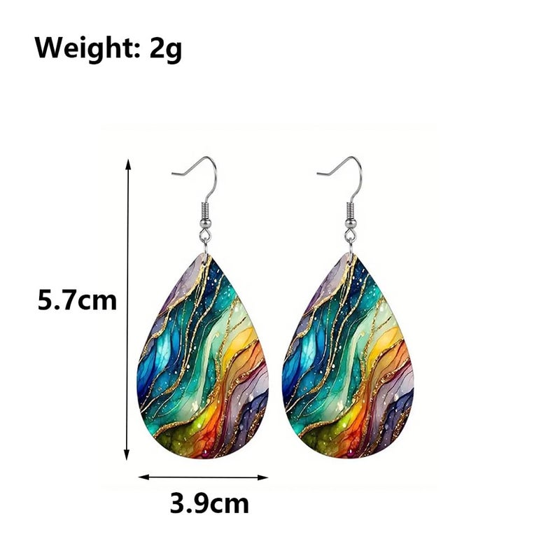Uarein PU Teardrop Earring for Women Vintage Color Art Personality Aesthetic Earrings Lightweight Double Sided PU Printed Leather Earrings Boho Jewelry Gifts (Colorful) - Image 3