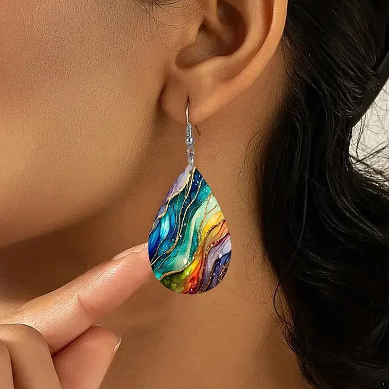 Uarein PU Teardrop Earring for Women Vintage Color Art Personality Aesthetic Earrings Lightweight Double Sided PU Printed Leather Earrings Boho Jewelry Gifts (Colorful) - Image 5
