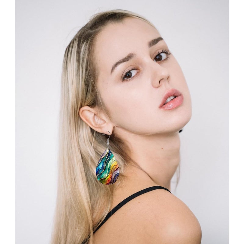 Uarein PU Teardrop Earring for Women Vintage Color Art Personality Aesthetic Earrings Lightweight Double Sided PU Printed Leather Earrings Boho Jewelry Gifts (Colorful) - Image 2