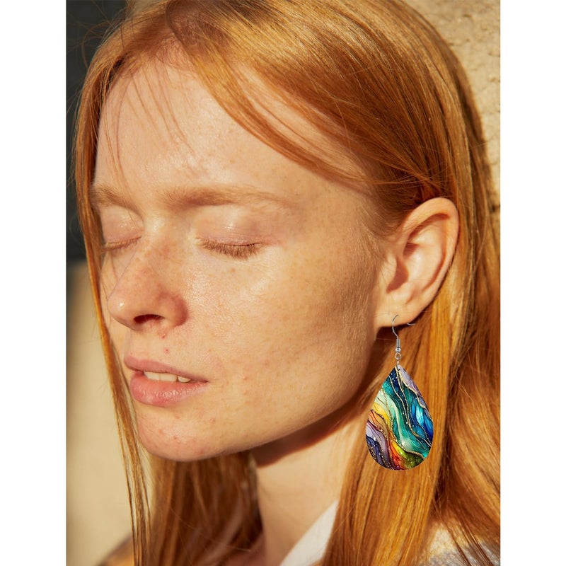 Uarein PU Teardrop Earring for Women Vintage Color Art Personality Aesthetic Earrings Lightweight Double Sided PU Printed Leather Earrings Boho Jewelry Gifts (Colorful) - Image 4