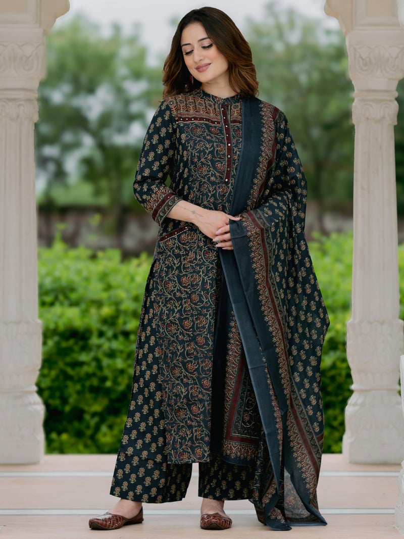 Arayna Women’s Cotton Printed Kurta Set with Palazzo Pants and Dupatta | Ethnic Straight Kurta, Teal Blue, 4X-Large - Image 2