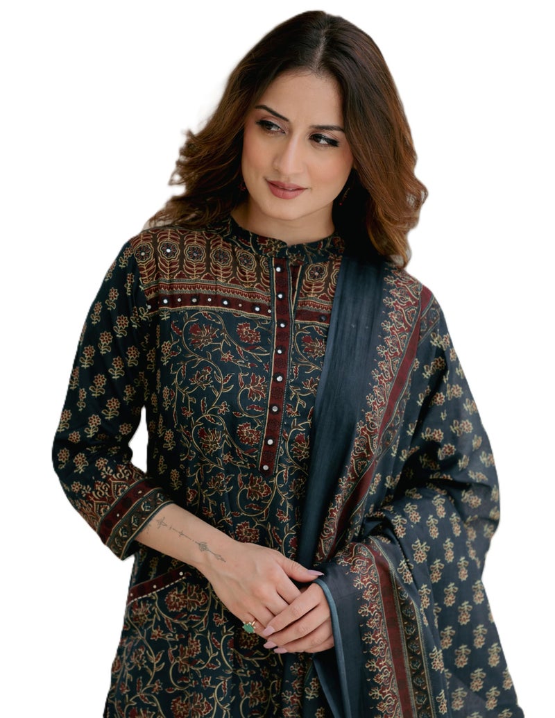 Arayna Women’s Cotton Printed Kurta Set with Palazzo Pants and Dupatta | Ethnic Straight Kurta, Teal Blue, 4X-Large - Image 1