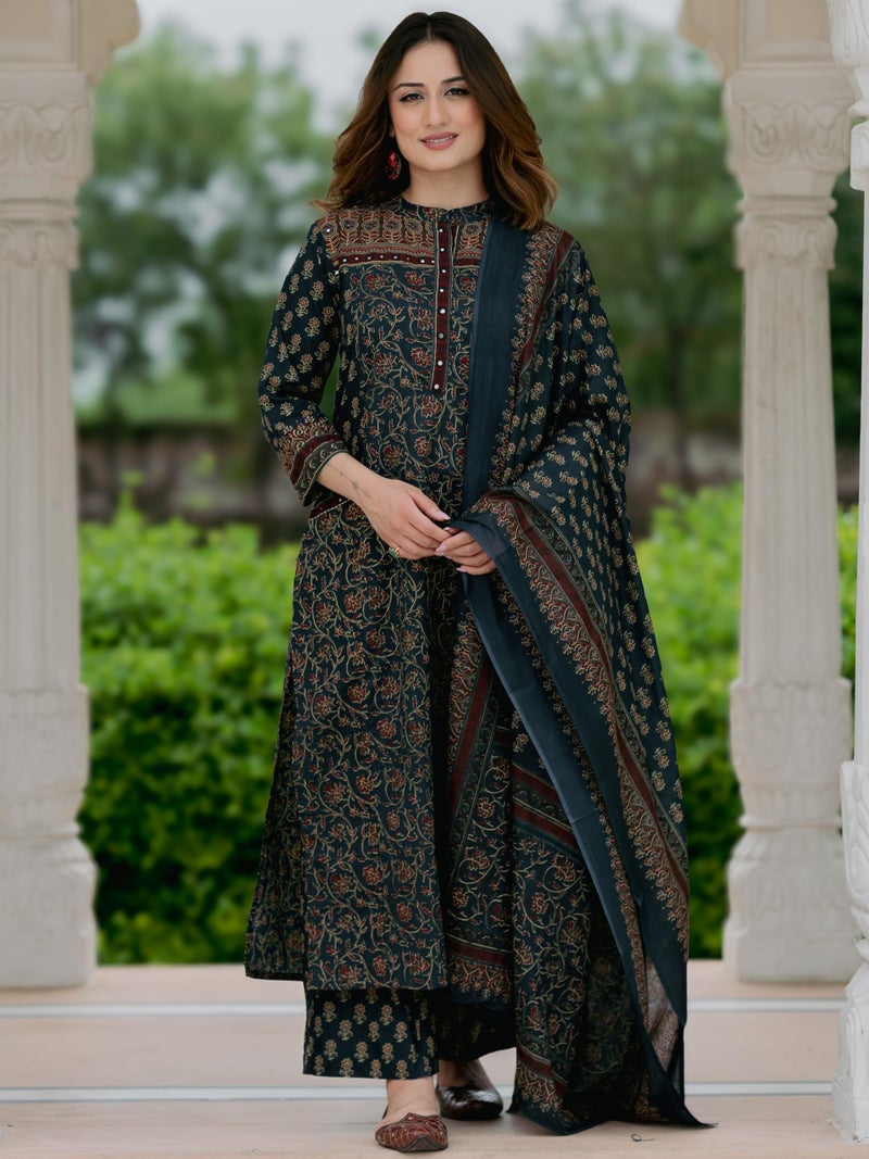 Arayna Women’s Cotton Printed Kurta Set with Palazzo Pants and Dupatta | Ethnic Straight Kurta, Teal Blue, 4X-Large - Image 5