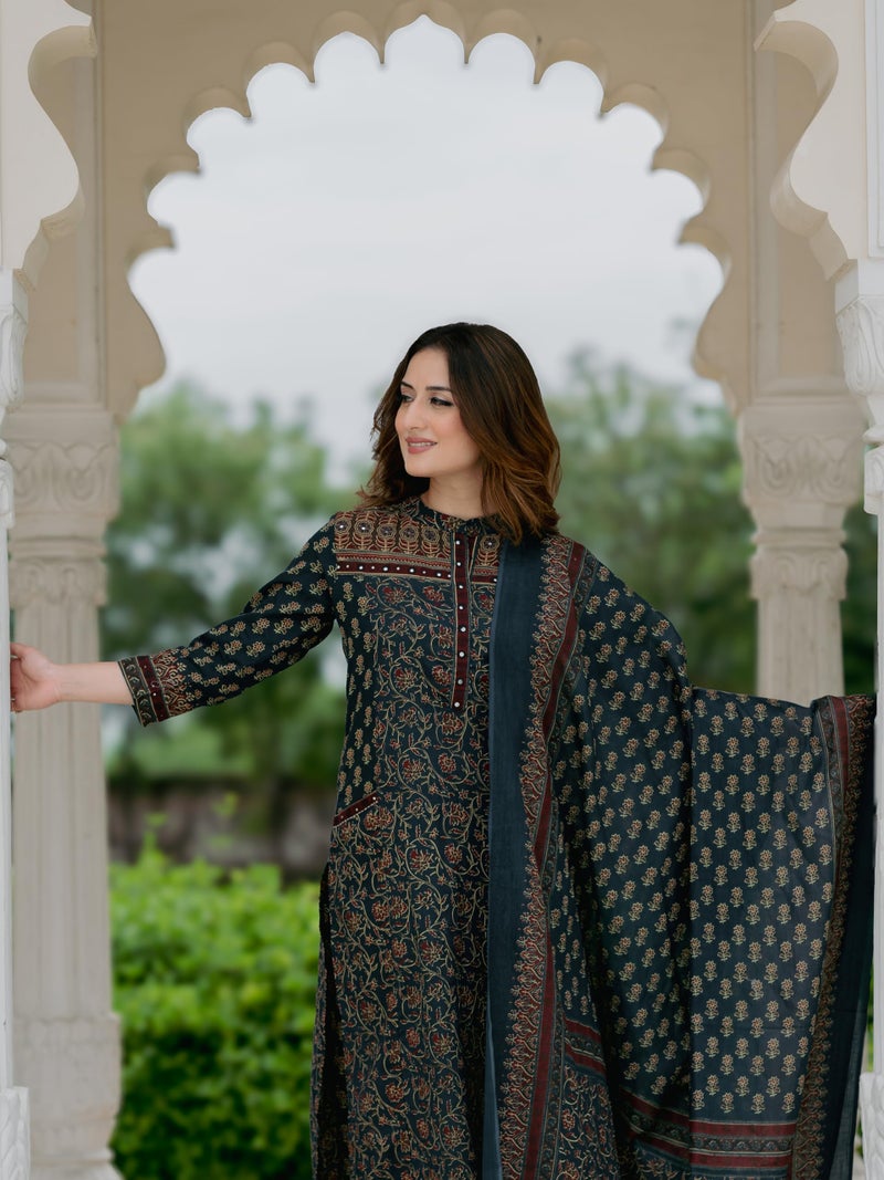 Arayna Women’s Cotton Printed Kurta Set with Palazzo Pants and Dupatta | Ethnic Straight Kurta, Teal Blue, 4X-Large - Image 3