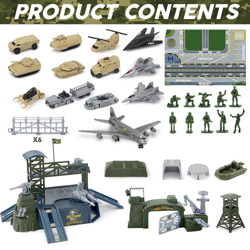 WASAiKA Military Base Toy Sets, Army Toys Playset with Army Men Action Figures, Airplane Toy, Army Tank, Helicopter, Vehicles Accessories and Army Base Play Map, Birthday Present Toys for Boys - Image 3