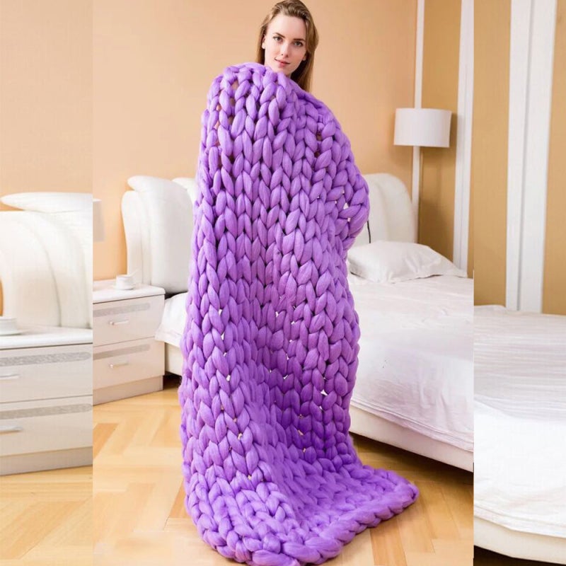 Cozy Blanket Chunky Knit Purple 2: Warm-Retentive Woven Throw - Stylish Decor Piece for Home Sofa Bed - Image 1