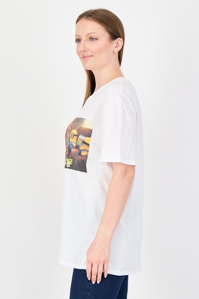 Undiz x Minions Women Crew Neck Short Sleeve Graphic Print T-shirt, White - Image 2
