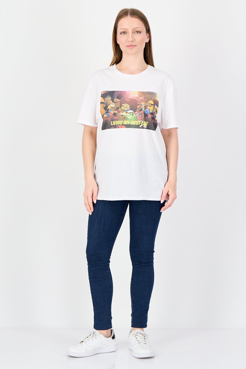 Undiz x Minions Women Crew Neck Short Sleeve Graphic Print T-shirt, White - Image 4