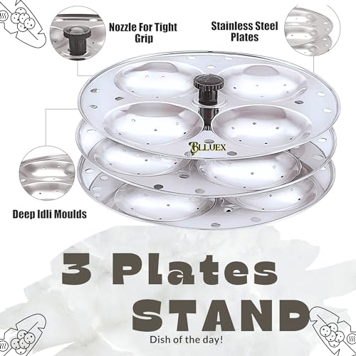 BLLUEX - Premium idli Stand Stainless Steel 3 Plates X 4 Cavity | Large Size 12 idlies for Home & Kitchen (KML-KJ]W3X4), Silver - Image 5