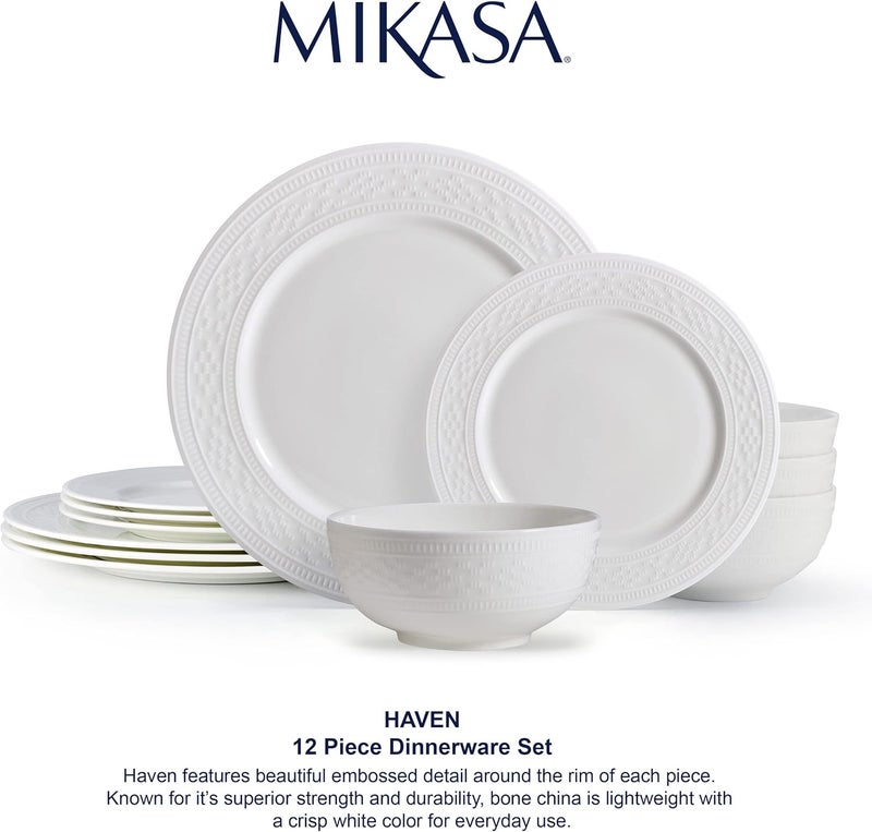 Mikasa Haven Bone China Lightweight Chip Resistant 12 Piece Dinnerware Set Service for 4 White - Image 5