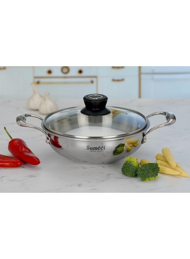 Sumeet سوميت كوك سمارت ثلاثي الطبقات من الفولاذ المقاوم للصدأ قاعدة تحريضية قدر عميق مع غطاء زجاجي - 2.3 لتر - 22 سم، عبوة من 1، فضي - Image 1