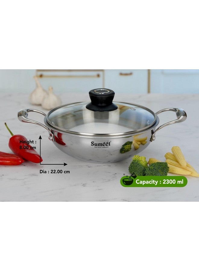 Sumeet سوميت كوك سمارت ثلاثي الطبقات من الفولاذ المقاوم للصدأ قاعدة تحريضية قدر عميق مع غطاء زجاجي - 2.3 لتر - 22 سم، عبوة من 1، فضي - Image 4