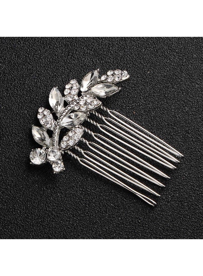 Rhinestone Small Hair Comb Hair Accessories for Women Silver Leaf Crystal Hair Side Comb Hair Piece for Bride Decorative Wedding Hair Jewelry (Silver)