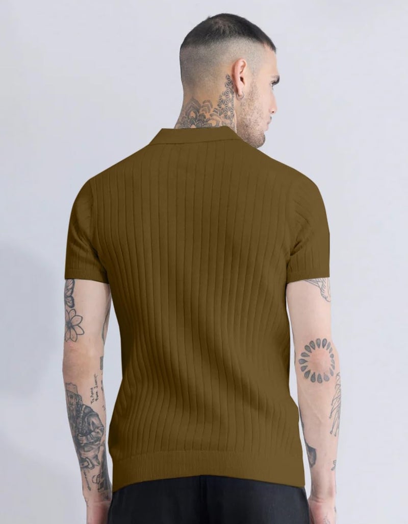 Veirdo® Men’s Casual Ribbed Polo Collar Knit T-Shirt | Slim Fit Short Sleeve Polo for Men | Flat Knit Textured T-Shirt Perfect for Office, Party, Travel (Polo_FK2_CML_M) Khakhi - Image 5