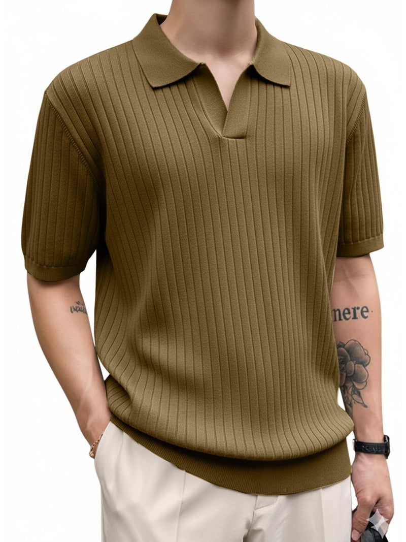 Veirdo® Men’s Casual Ribbed Polo Collar Knit T-Shirt | Slim Fit Short Sleeve Polo for Men | Flat Knit Textured T-Shirt Perfect for Office, Party, Travel (Polo_FK2_CML_M) Khakhi - Image 1