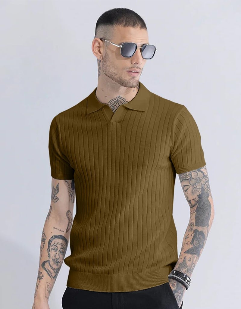 Veirdo® Men’s Casual Ribbed Polo Collar Knit T-Shirt | Slim Fit Short Sleeve Polo for Men | Flat Knit Textured T-Shirt Perfect for Office, Party, Travel (Polo_FK2_CML_M) Khakhi - Image 4
