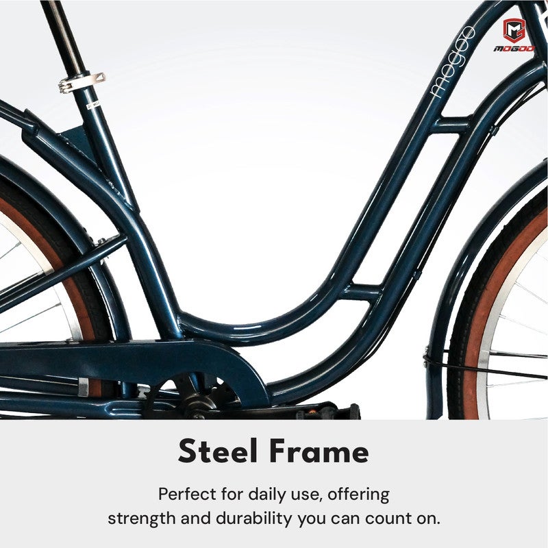 MOGOO Florida Vintage 26-Inch City Bike For Women & Girls | 26 Inch Wheel Sizes | Simple Single-Speed Drivetrain | Durable Steel Step-Through Frame with Front Wicker Basket | Rear Carrier & Dynamo Headlight - Royal Blue - Image 3