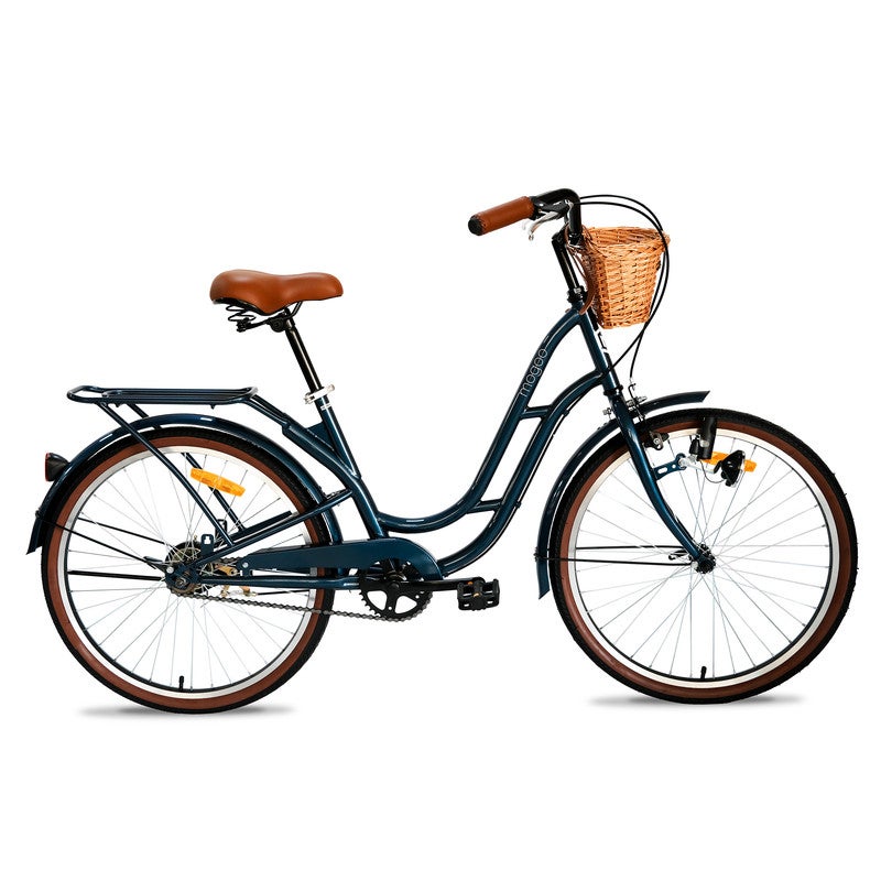 MOGOO Florida Vintage 26-Inch City Bike For Women & Girls | 26 Inch Wheel Sizes | Simple Single-Speed Drivetrain | Durable Steel Step-Through Frame with Front Wicker Basket | Rear Carrier & Dynamo Headlight - Royal Blue - Image 1