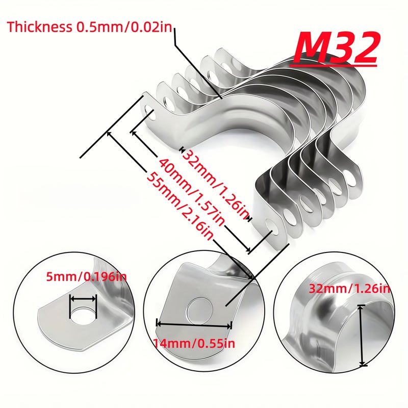 M32 Thickened Stainless Steel Pipe Clamp With 2 Holes Heavy Duty U Shaped Bracket 32mm Wide - Image 3