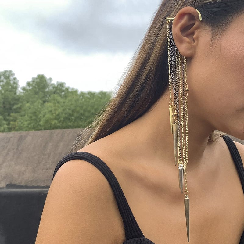 Wiwpar Fashion Long Chain Tassel Earrings Studded Spike Rivet Dangle Earrings Punk Stud Ear Cuffs Earrings for Women (2pcs) - Image 3