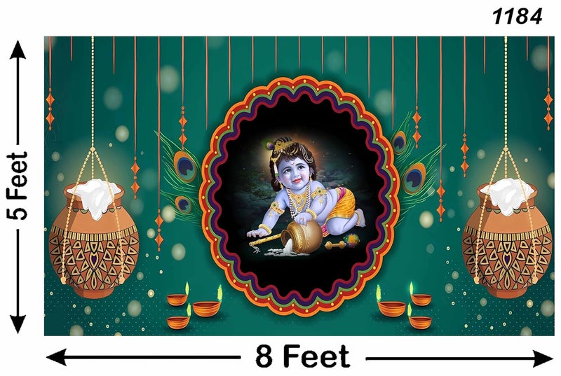 Backdropon Bal Krishna with Matuki Design Backdrop Cloth for Pooja Decoration Krishna Janmashtami Traditional Background Curtain Cloth for Festival Size 5 Feet Height and 8 Feet Width(5 * 8) - Image 3