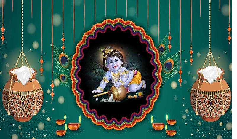 Backdropon Bal Krishna with Matuki Design Backdrop Cloth for Pooja Decoration Krishna Janmashtami Traditional Background Curtain Cloth for Festival Size 5 Feet Height and 8 Feet Width(5 * 8) - Image 1