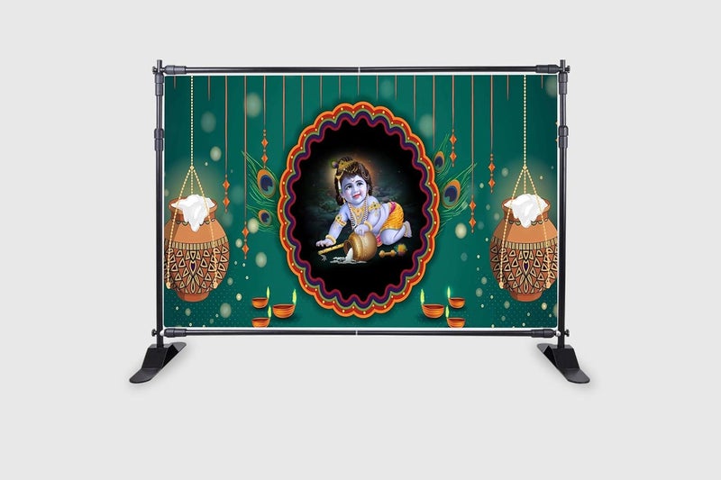 Backdropon Bal Krishna with Matuki Design Backdrop Cloth for Pooja Decoration Krishna Janmashtami Traditional Background Curtain Cloth for Festival Size 5 Feet Height and 8 Feet Width(5 * 8) - Image 2