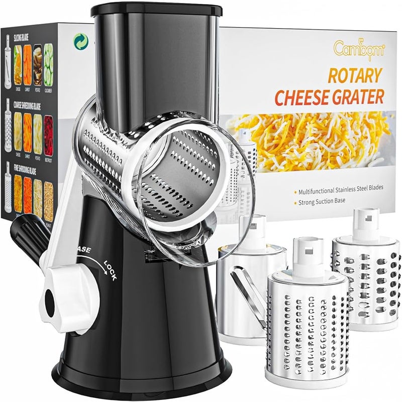 Cambom Rotary Cheese Grater Hand Crank Cheese Shredder for Fresh Cheese, Vegetable, Nuts,Non-slip Suction Base, Free Cleaning Brush Three Blades, Black - Image 1