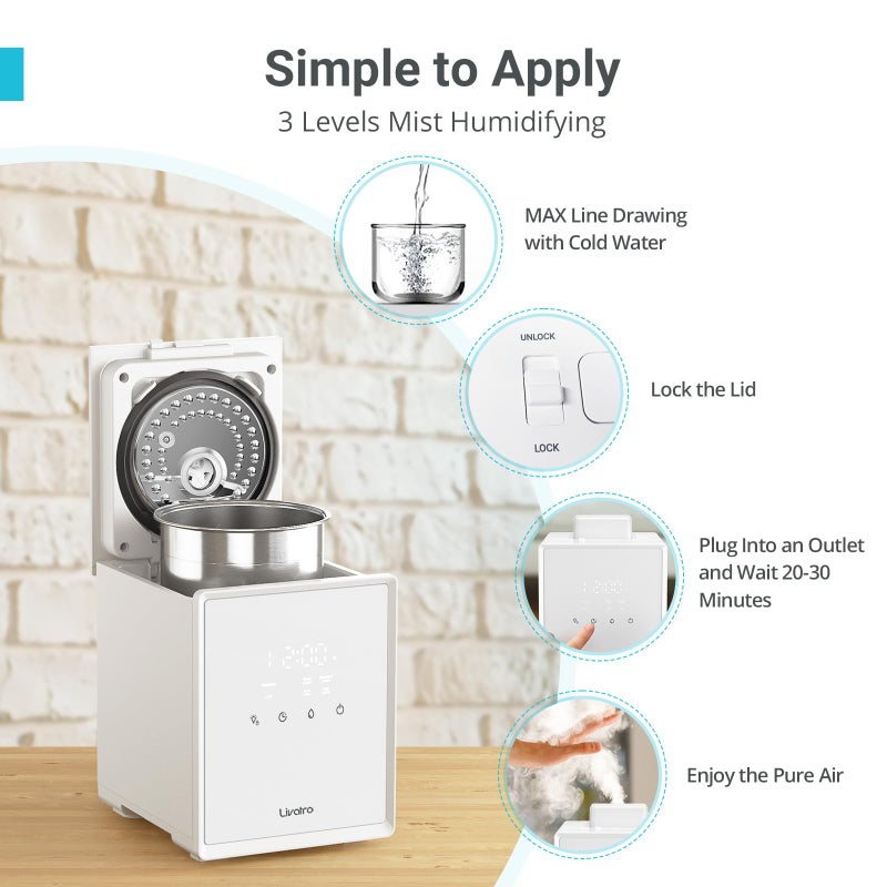 Livatro Stainless Steel Humidifier, 3L Warm Mist Humidifier, Easy Clean with Warm Steam Humidifier, Healthy Air Mist Humidifiers for Bedroom Living Room, with Sleep Mode and Auto-off Setting - Image 5