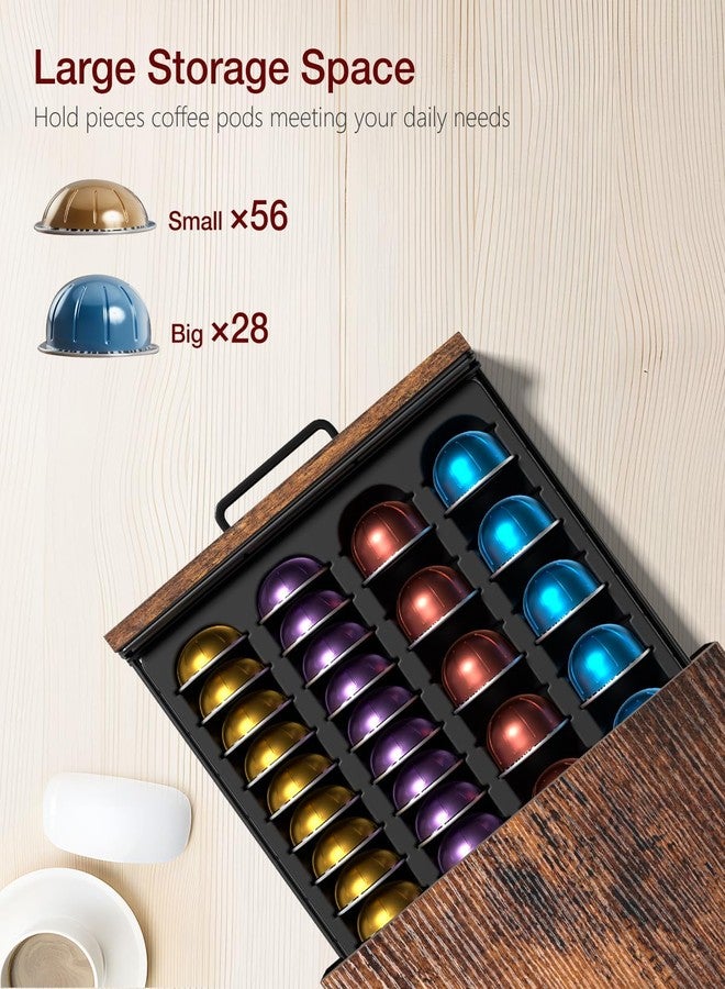 Evermagin Coffee Pod Holder, Vertuo Pod Holder Compatible with Nespresso, 28 Large or 56 Small Nespresso Capsule Organizer Drawer Station with Cup Rack, Rustic Brown - Image 3