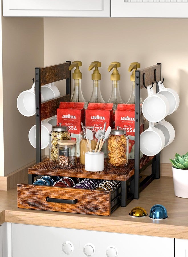 Evermagin Coffee Pod Holder, Vertuo Pod Holder Compatible with Nespresso, 28 Large or 56 Small Nespresso Capsule Organizer Drawer Station with Cup Rack, Rustic Brown - Image 4