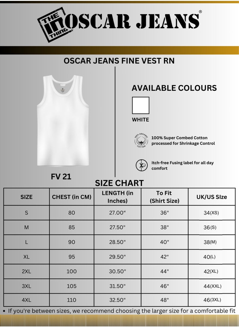OSCAR JEANS Premium Organic 100% Cotton Super Combed Mens Vest Undershirt Tank Top Sleeveless Sando White Soft Breathable Light Finest Yarn Pack of 3  - Image 4