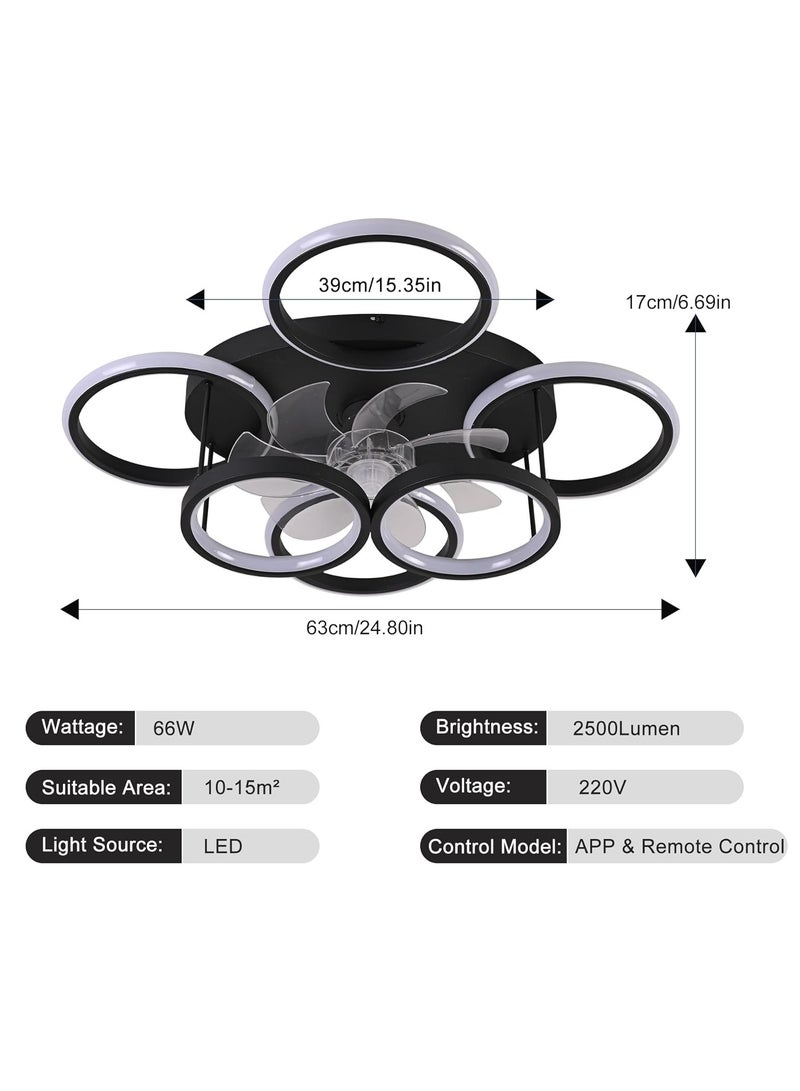 Midwest مراوح سقف حديثة بدون شفرات LED قابلة للتعتيم مع أضواء، 66 واط، سوداء، 6 حلقات، 63 سم، قابلة للعكس، 6 سرعات، مصباح سقف مع تركيبات إضاءة مدمجة مع جهاز تحكم عن بعد لغرفة المعيشة، غرفة الطعام، المكتب - Image 2
