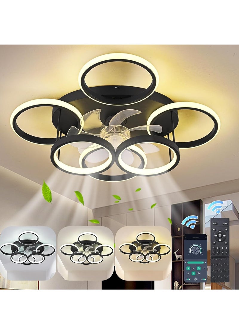 Midwest مراوح سقف حديثة بدون شفرات LED قابلة للتعتيم مع أضواء، 66 واط، سوداء، 6 حلقات، 63 سم، قابلة للعكس، 6 سرعات، مصباح سقف مع تركيبات إضاءة مدمجة مع جهاز تحكم عن بعد لغرفة المعيشة، غرفة الطعام، المكتب - Image 1