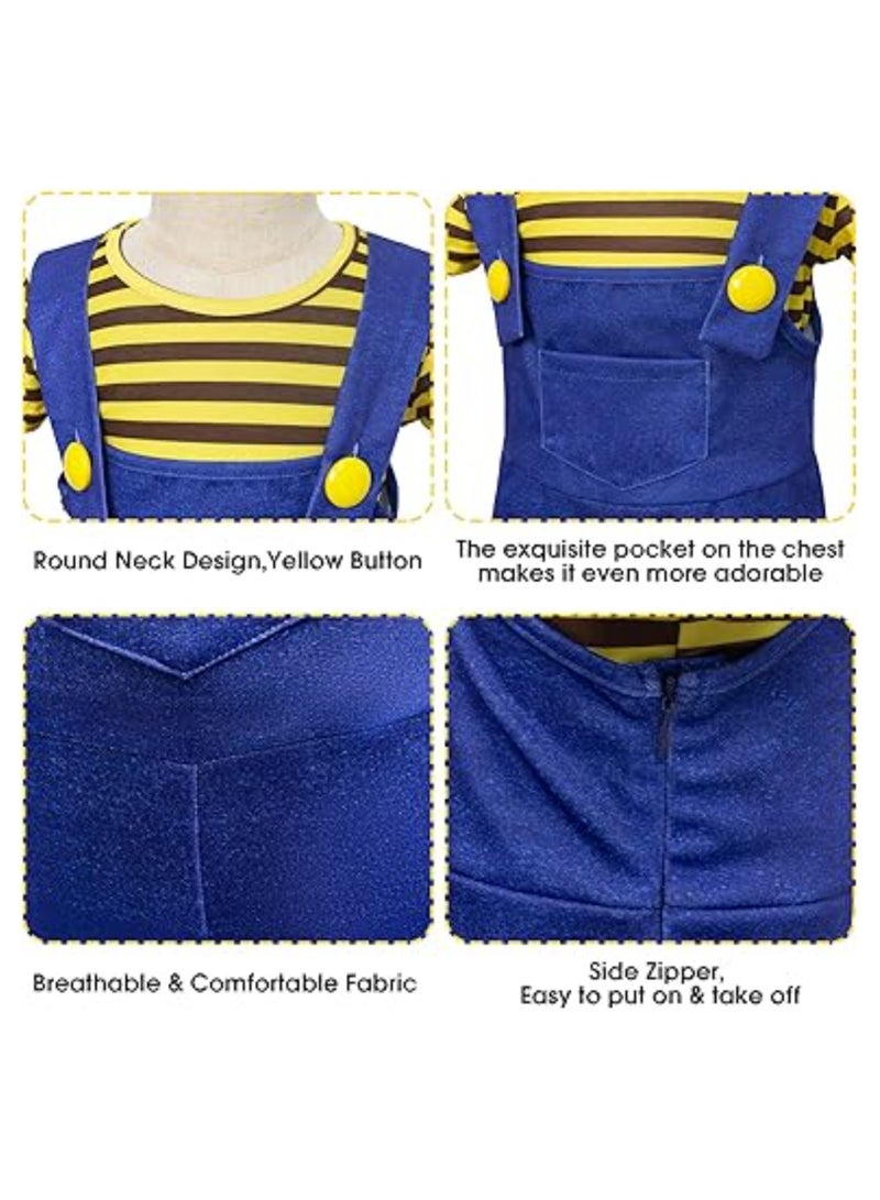 Zikra زي هالوين للأطفال، مجموعة أزياء أفلام الأطفال، مجموعة بدلة مخططة للأولاد والبنات لتجسيد شخصيات الأفلام، حفلة عيد الميلاد، ملابس مع ملحقات، تي شيرت وزرة زرقاء (المقاس: 120 سم) - Image 5