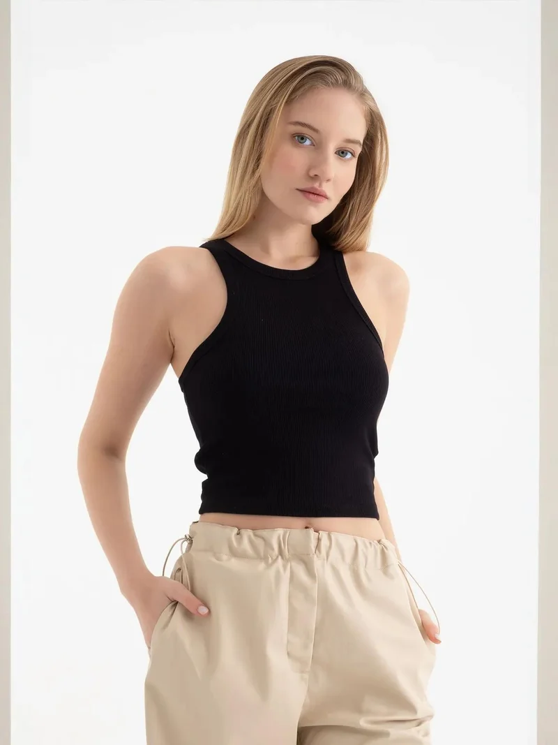 HICCUP Halter Neck Ribbed Sleeveless Blouse