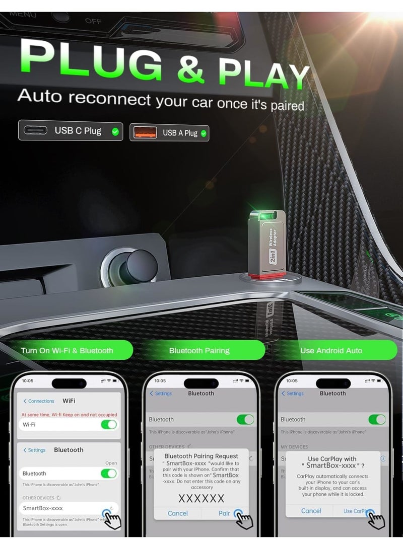 SYOSI 2 in 1 Wireless CarPlay Adapter, Mini USB A and Type C Bluetooth Dongle Converts Wired to Wireless, Supports Apple CarPlay and Android Auto for iPhone and Android Devices, Stable Connection for Cars - Image 3
