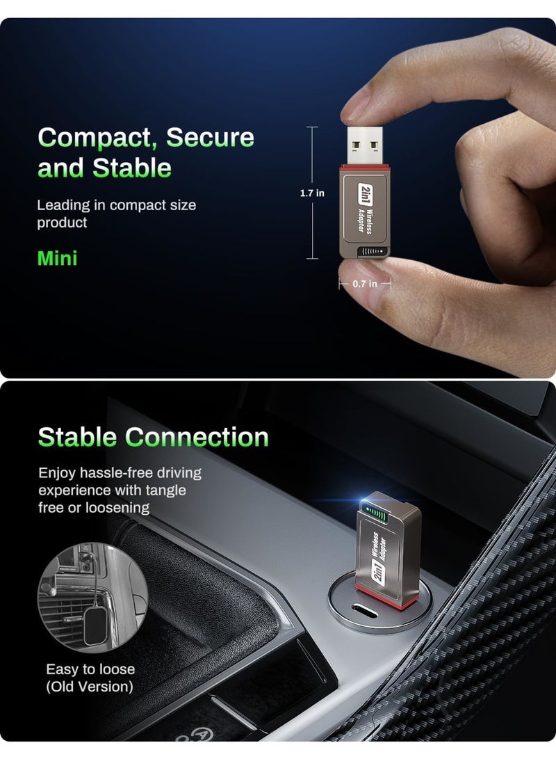 SYOSI 2 in 1 Wireless CarPlay Adapter, Mini USB A and Type C Bluetooth Dongle Converts Wired to Wireless, Supports Apple CarPlay and Android Auto for iPhone and Android Devices, Stable Connection for Cars - Image 2