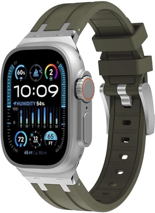 NEXT STORE - Next store Liquid Silicone Rubber Band Compatible with Apple Watch Series Ultra 2 | 9 | 8 Ultra | 8 | 7 | 6 | 5 49mm 45mm 44mm 42mm, Premium Rubber Strap with Stainless Steel Adapter (Olive & Silver) - Image 1
