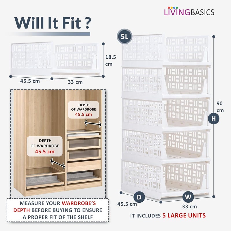 LIVINGBASICS Wardrobe Organizer for ClothesClothes Organiser for WardrobeFoldable Wardrobe OrganizerCloset Organizer for WardrobeStackable Dress Organiser for Cupboard 5 Large Plastic - Image 2