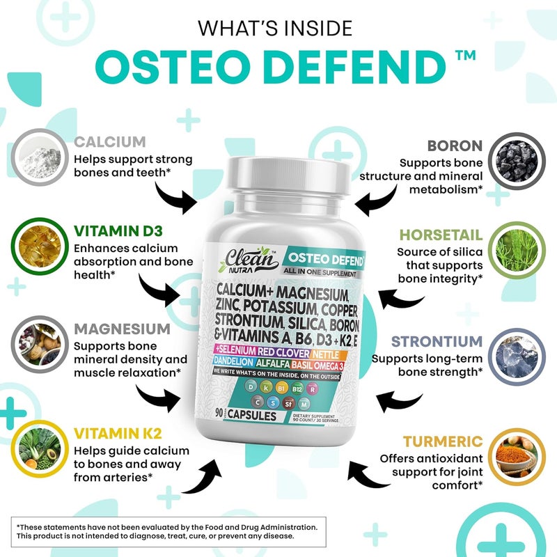Clean Nutraceuticals Calcium Magnesium Zinc Supplement with Potassium Copper Strontium Silica Vitamin D3 K2 Boron Vitamin B1 B12 Red Clover Herb Alfalfa Basil Pills for Men  Women Osteo Defend - Image 3