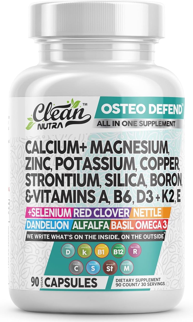 Clean Nutraceuticals Calcium Magnesium Zinc Supplement with Potassium Copper Strontium Silica Vitamin D3 K2 Boron Vitamin B1 B12 Red Clover Herb Alfalfa Basil Pills for Men  Women Osteo Defend - Image 1