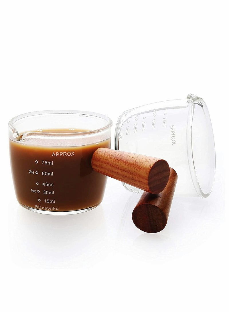 Excefore 1 Pack Double Spouts Measuring Triple Pitcher Milk Cup with Wood Handle 75ML Espresso Shot Glasses Parts Clear Glass,Espresso Shot Glasses Triple Pitcher Barista Double Spouts Clear Glass - Image 2