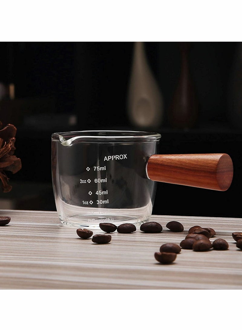 Excefore 1 Pack Double Spouts Measuring Triple Pitcher Milk Cup with Wood Handle 75ML Espresso Shot Glasses Parts Clear Glass,Espresso Shot Glasses Triple Pitcher Barista Double Spouts Clear Glass - Image 3