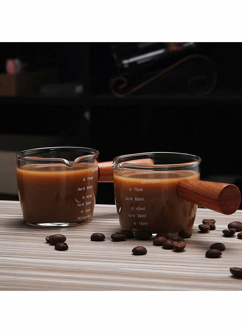 Excefore 1 Pack Double Spouts Measuring Triple Pitcher Milk Cup with Wood Handle 75ML Espresso Shot Glasses Parts Clear Glass,Espresso Shot Glasses Triple Pitcher Barista Double Spouts Clear Glass - Image 4